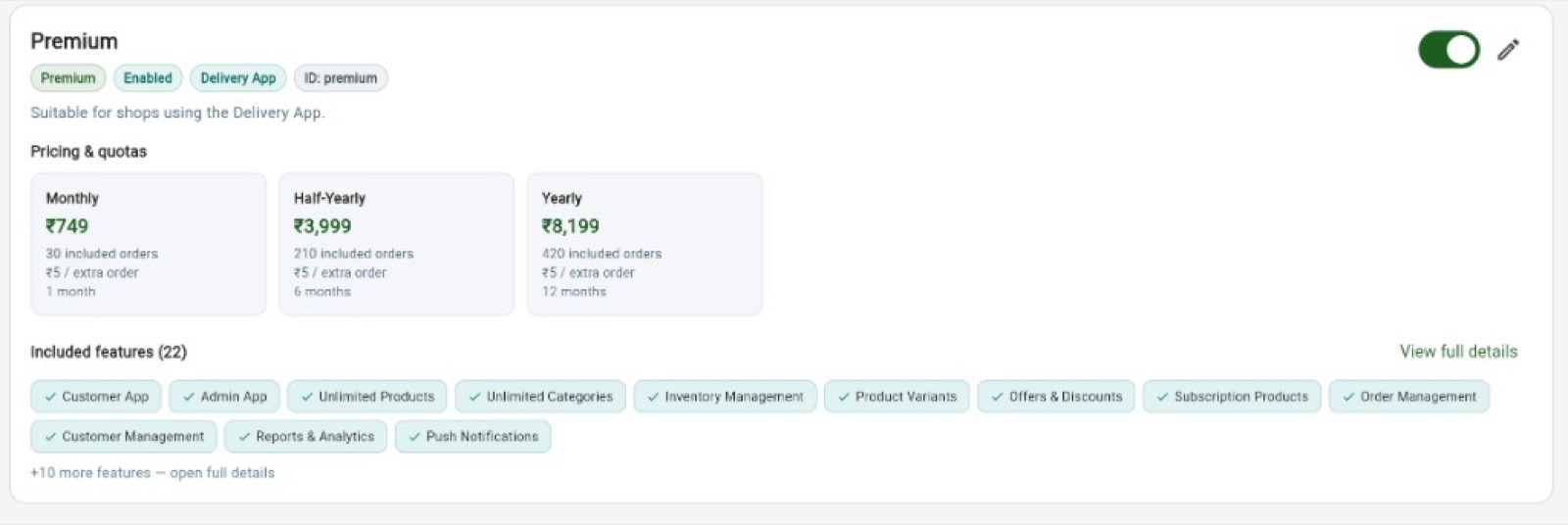 Premium plan pricing and included features